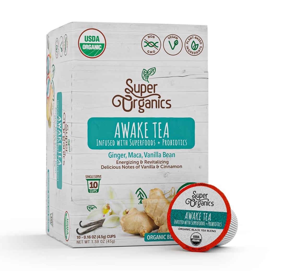 Super Organics Awake Black Tea Pods With Superfoods & Probiotics Keurig K-Cup Compatible Energy, Revitalizing, Refreshing Tea USDA Certified Organic, Vegan, Non-GMO, Natural & Delicious, 10ct