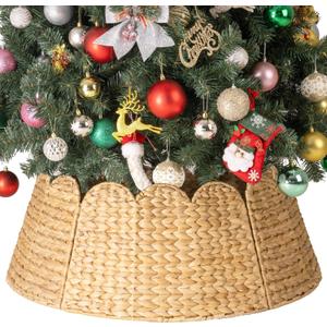 StorageWorks 28" Scalloped Christmas Tree Collar, Wicker Christmas Tree Base Skirt with Water Hyacinth, Rustic Tree Ring Stand Cover for Christmas Home Party Farmhouse Artificial Trees Dcor