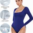 ALGALAROUND Women's Square Neck Long Sleeve Bodysuit Sexy Body Suit Tops Double Lined Curve Embracing (Pink, M)