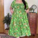 RITERA Plus Size Dresses for Curvy Women Square Neck Short Sleeve Summer Floral Smocked Maxi Dress with Pocket XL-5XL (Green, XXL)