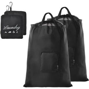 Travel Laundry Bags, 2Pcs JHX Foldable Dirty Clothes Bag 【Upgraded】 with Fixed Drawstring Net, Handles and Carabiner, Portable Laundry Bags for Travel and Fitness (Dark-Black) 30"H x 21"W