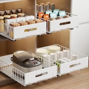 2 Pack Pull Out Cabinet Organizer, Slide Out Cabinet Drawers Peel and Stick Pull Out Drawers Heavy Duty Pull Out Shelf for Kitchen, Cupboard, Pantry, Bathroom (16.5" D*11.8" W*3.94" H-White)