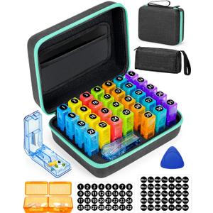 Monthly Pill Organizer 2 Times a Day, with Portable Hard Shell, Pill Cutter, 31-Day Box, Plastic Opening Pick, Monthly & Weekly Stickers, Convenient Medication Management (2 Times a Day)