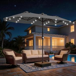 AreShark 13 FT Patio Umbrella with Solar Lights, Double-Sided Outdoor Table Umbrellas with Crank, Large Rectangular Market Umbrella for Porch, Lawn, Pool, Backyard, Gray