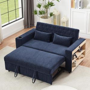 3 in 1 Convertible Loveseat Sleeper Sofa Bed , 61.4" Chenille Upholstered Futon Love Seat Sofabed with Adjustable Backrest, Pull Out Couch Bed Sofacama with Storage Shelves ,Cup Holder for Living Room