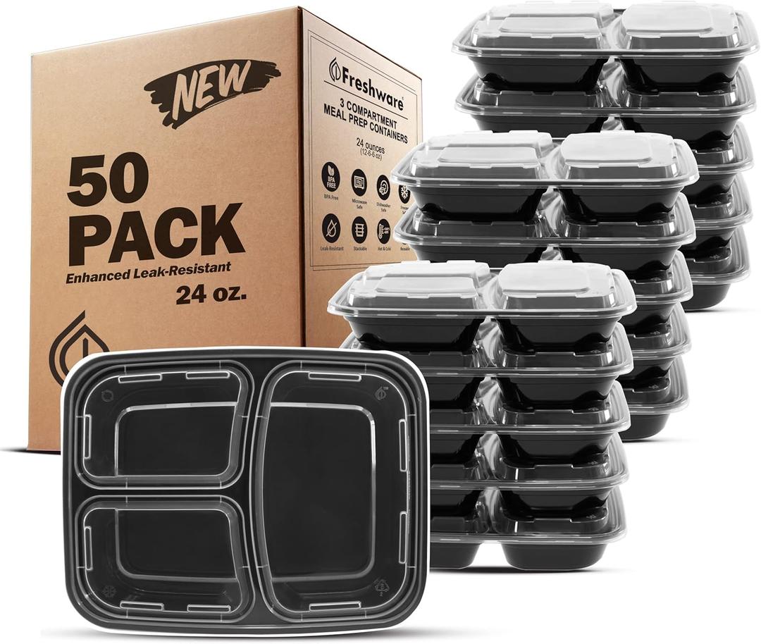 Freshware Meal Prep Containers [50 Pack] 3 Compartment Food Storage Containers with Lids, Bento Box, BPA Free, Stackable, Microwave/Dishwasher/Freezer Safe (24 oz) (One Size)