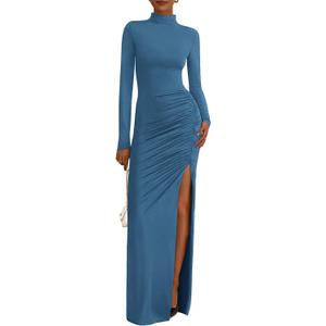 BTFBM Formal Dresses for Women 2026 Spring Long Sleeve Mock Neck Ruched Bodycon Slit Maxi Wedding Guest Dress Cocktail (Blue, XL)