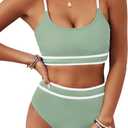BMJL Women's High Waisted Bikini Ribbed Two Piece Swimsuit High Cut Color Block Adjustable Straps Bathing Suit (Green, L)