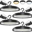 4 Pack 150W UFO LED High Bay Light, Adjustable Wattage 150W/110W/75W, 3-Color Temperature (3500K/5000K/6500K), 21,000LM, 120VAC, Plug & Play LED Shop Lights Fixture for Warehouse, Garage, Factory