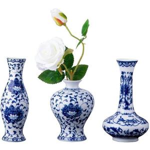 Set of 3 Small Blue & White Porcelain Vases, Fambe Glaze Porcelain Vases Set of 3, Classic Ceramic Flower Vases for Home Dcor