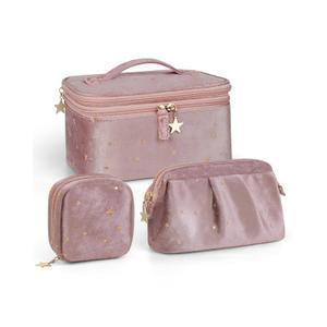 Wedama Makeup Bag Gift for Women, Double-layer Cosmetic Bag with Jewelry Storage and Brush Holder 3 Pcs Velvet Makeup Organizer Bag Gift Set Travel Toiletry Bag for Women Girls, Pink
