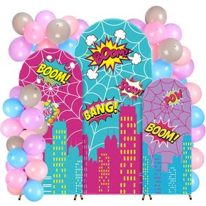 Tudomro 3 Pcs Spider Party Decoration Spider Backdrop Cover with Balloons Pink Purple Blue Spiderweb Backdrop Cover with Explosion Balloons for Girl Spidy Party Supplies Decorations (Cute)