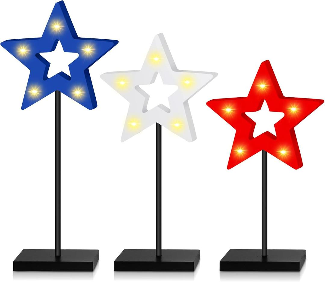 3 Pcs 4th of July Table Decorations Standing Star Block Set Patriotic LED Centerpieces Red White Blue Wooden Star Signs for Home Tabletop Tiered Tray Party Decor(Hollow Style)