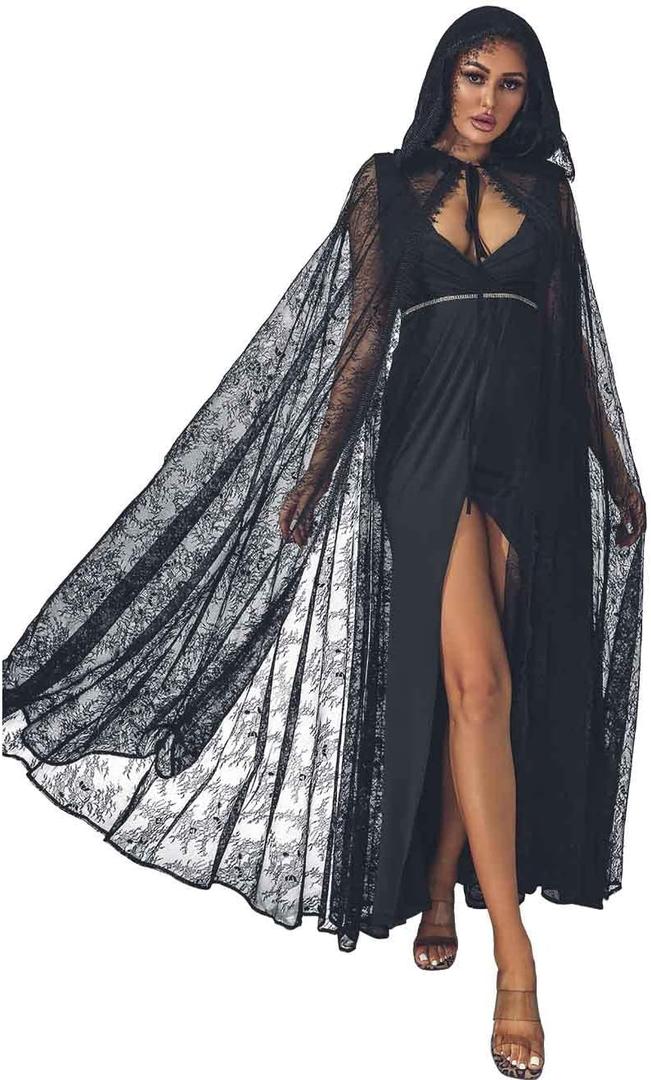 Unicra Lace Full Length Hooded Cloak Long Cape Halloween Costume Cloak Cosplay Party Cape for Women (Black)
