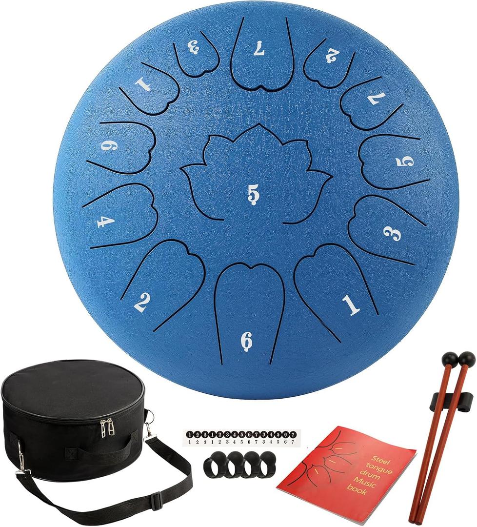 Steel Tongue Drum - 12-Inch 13-Notes Tongue Drum, C Major Outdoor Rain Drum With Tote Bag, Music Book, and Hand-Held Drumsticks (Blue)