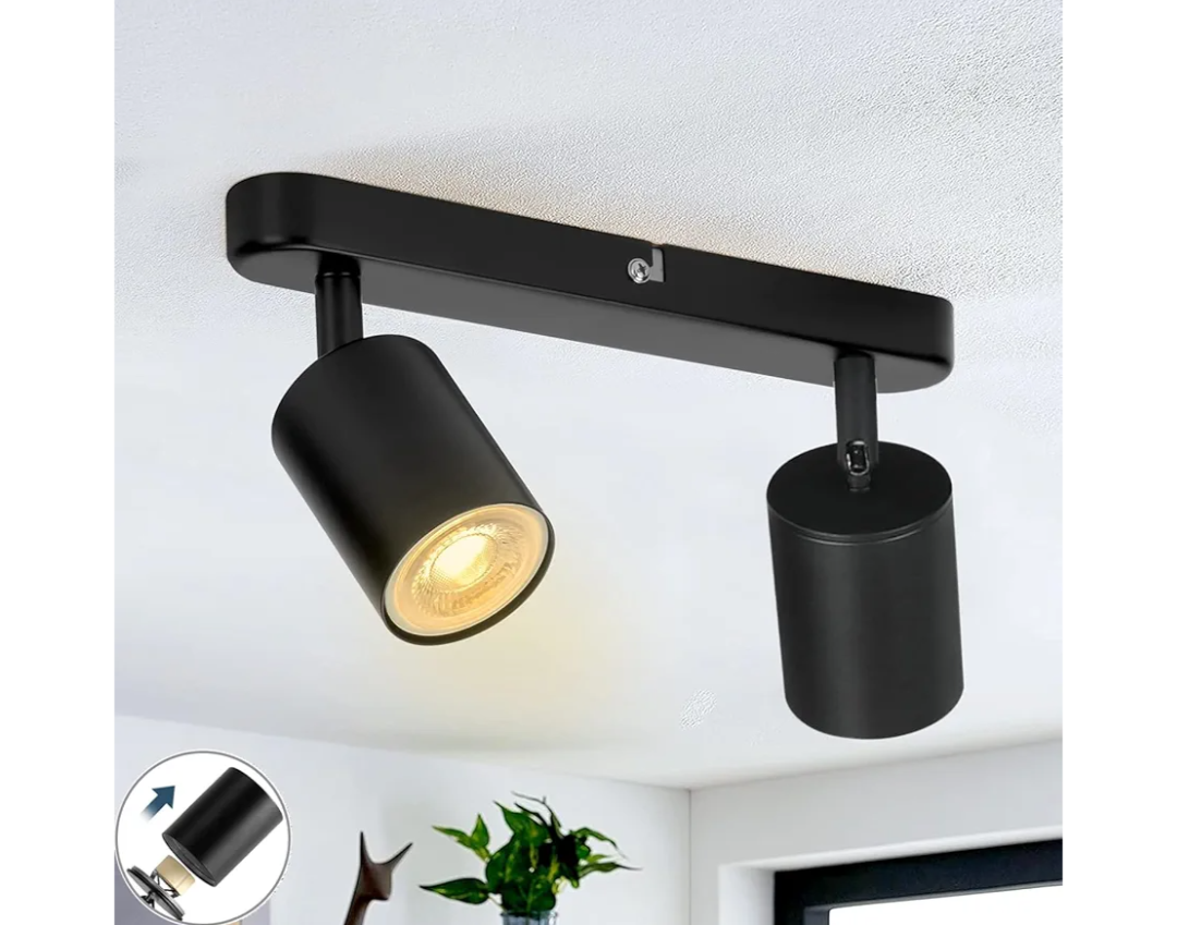 Adjustable Spotlight Ceiling Light Fixture 2 Light Gu10 Track Lighting Indoor Directional Light Ceiling Spot Light for Kitchen, Bedroom, Picture Wall, Hallway, Office, Bar (Black-2 Light)