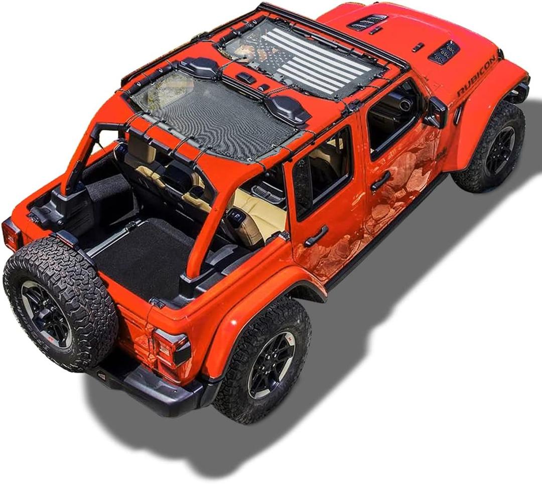 Savadicar Mesh Shade Top, Roof Sunshade Cover for 2018-2023 Jeep Wrangler JL JLU 4XE 4 Door, UV Protection & Heat Reduction for Enhanced Comfort on The Road, Durable Polyester, American Flag, Black