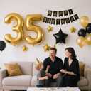 35th Birthday Decorations Black Gold for Men Women, 35th Birthday Banners Number 35 Birthday Balloons Star Foil Confetti Balloons for Cheers to 35 Years Old Birthday Party Decorations (35th)