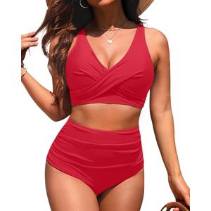 High Waisted Two Piece Swimsuit-Womens Bikini Set Tummy Control Bathing Suit Modest Full Coverage Bikini 2025 Red L