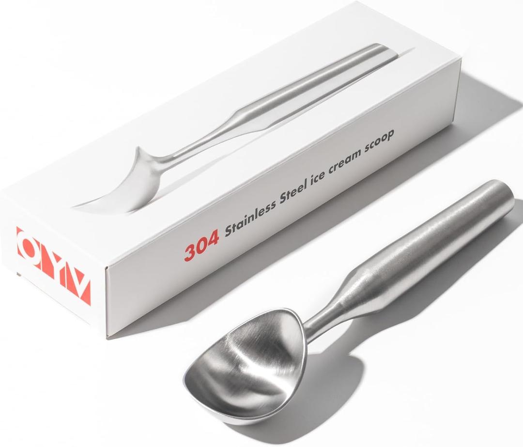 OYV Stainless Steel Ice Cream Scoop, Ergonomically Designed Handle for Comfort, Heavy Duty Ice Cream Scooper, One-Piece Design Ice Cream Scoops, Dishwasher Safe. (Luxurious silver)