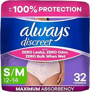 Always Discreet Adult Diapers for Women, Incontinence Underwear, Postpartum Essentials, Disposable Briefs, Max Absorbency, Bladder Leak Protection, Small/Medium, 32ct