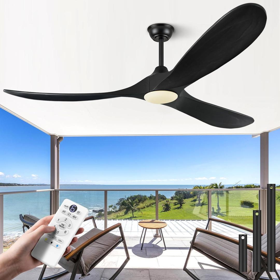 ABZ 52 Inch Ceiling Fans with Lights and Remote Control, Wood Outdoor Ceiling Fan with light 3 Blades Propeller Black Ceiling Fan for Indoor Patios Bedroom Garage ETL Listed, Matte Black