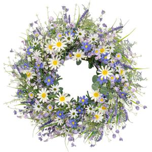 22 Inches Summer Wreaths for Front Door Blue Summer Door Wreath Spring Floral Wreath with Wildflower Lanvender for Wall Porch Indoors Outdoor Window Home Decorations