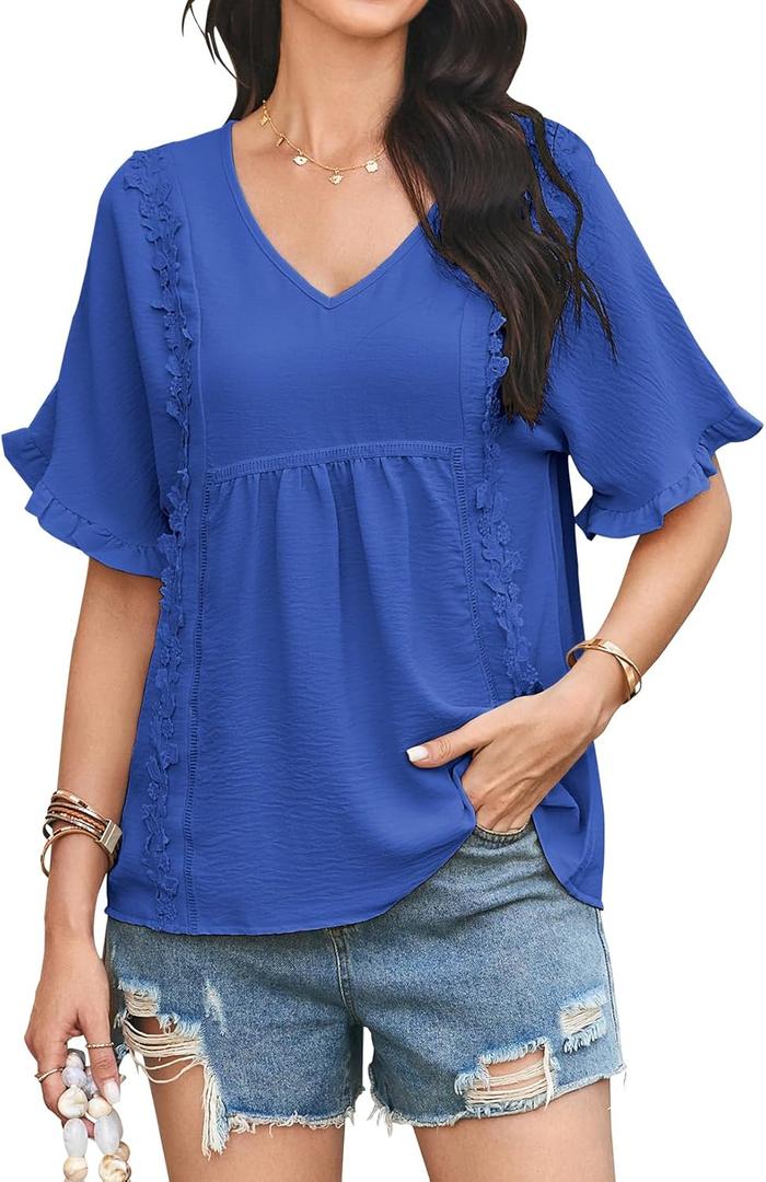 Womens Summer Tops V Neck Ruffle Half Sleeve Blouses Cute Lace Peplum Shirts Casual Boho Babydoll Clothing 2025 (Blue, XXL) Womens Summer Tops V Neck Ruffle Half Sleeve Blouses Cute Lace Peplum Shirts Casual Boho Babydoll Clothing 2025 (Blue, XXL)