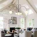 Black Sputnik Chandelier,6 Lights Modern Chandelier for Dining Room Mid Century Chandelier Large L49 Ceiling Pendant Light Fixtures with Milk Glass Globe Shades for Foyer Living Room Kitchen Island