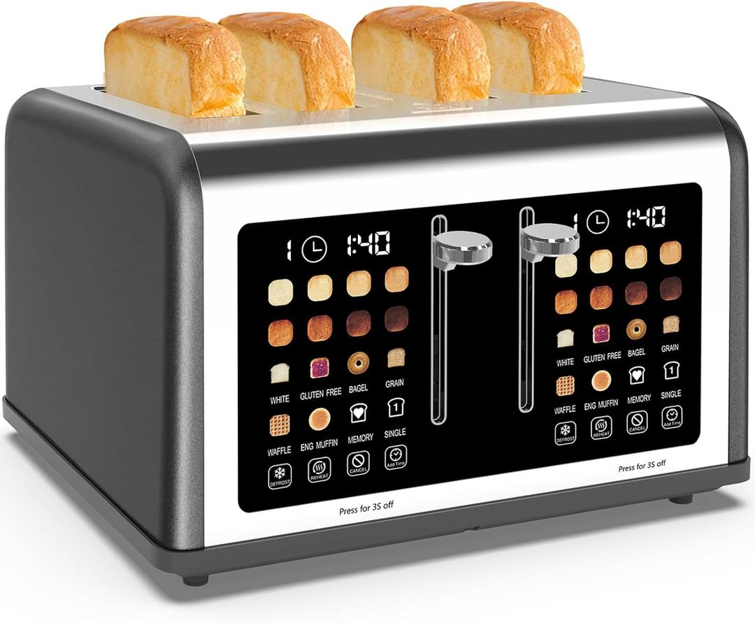 4 Slice Toaster Touch Screen, Stainless Steel Toasters Digital Timer, Dual Control Panel Toasters, 8 Shade Settings 6 Bread Types for Bagel, Cancel, Defrost 1650W Grey