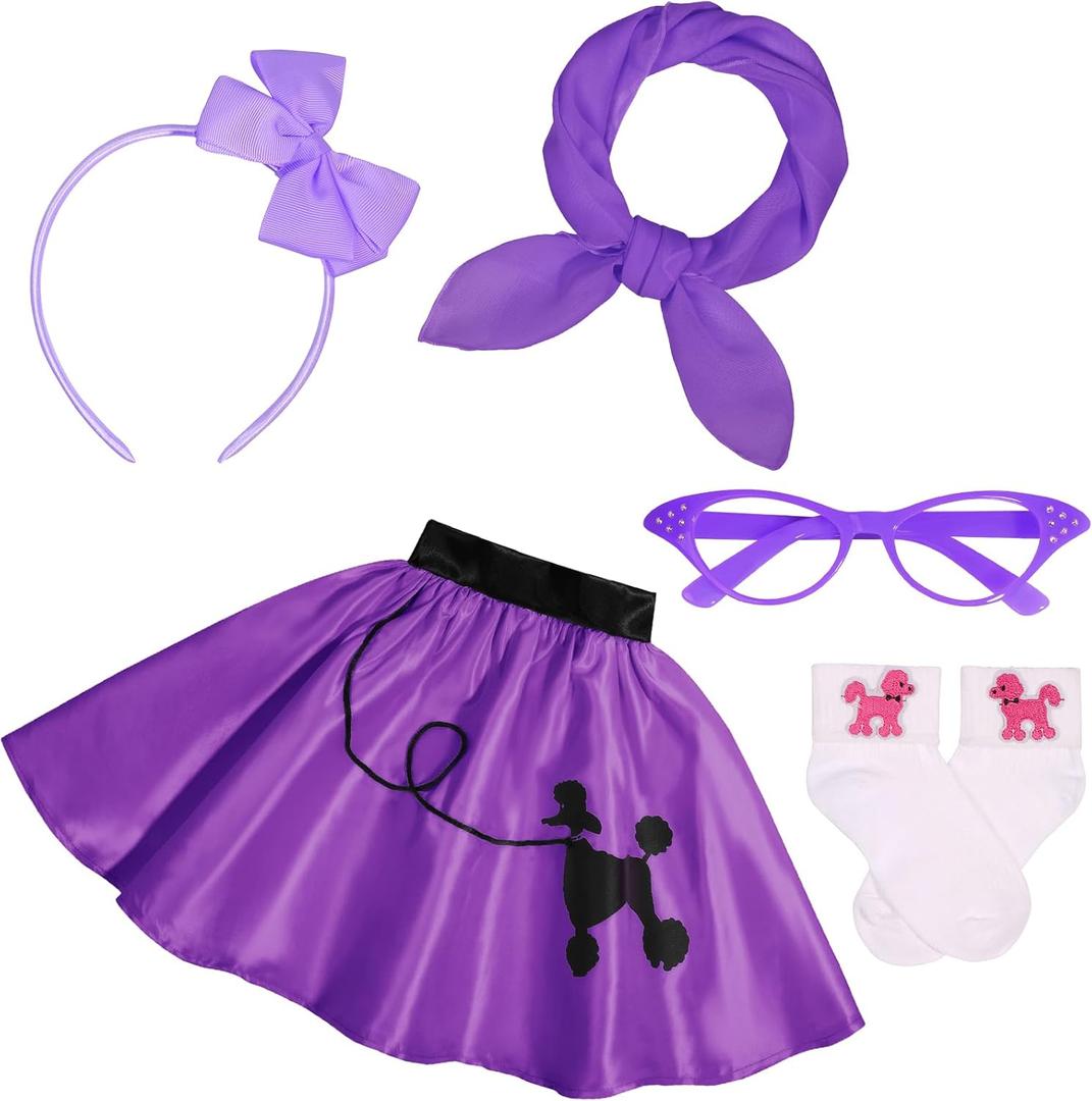 SIZGAROOT 50s Outfit for Girls 50s Sock Hop Poodle Skirt Costume for Girls with Accessories Halloween Party Dress Up (Purple, 6-8 Y)