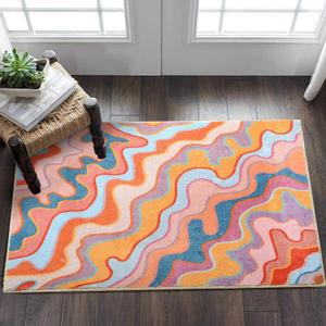 Aldopein Colorful Abstract 5x7 Area Rug Ultra Thin Light Weight Funky Aesthetic Colorful Striped Living Room Rug Orange Blush Washable Carpet for Kitchen Entryway Bedroom Dining Room Dorm Office