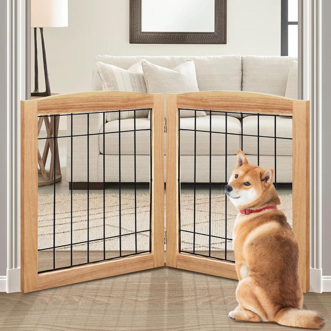 LZRS 24"Height-2 Panel Freestanding Foldable Wood Dog Gate Solid Wood & Steel Wire, Chew-Resistant Pet Barrier for Indoor Use, Ideal for Small to Medium Dogs, Natural