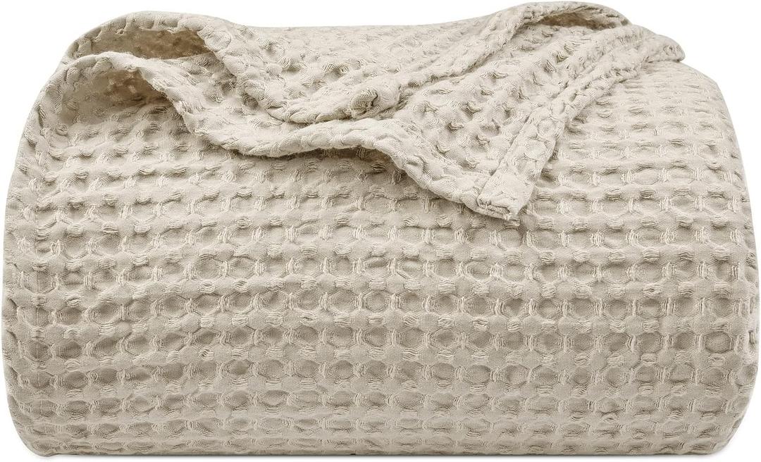 PHF Ultra Soft Waffle Weave Blanket Twin Size 66"x 90"- Washed Lightweight Breathable Cozy Woven Blanket for Bed - Aesthetic Decor for Couch Bedding Sofa Home Car - Light Khaki/Linen