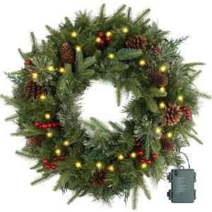 Christmas Wreath Pre-lit 24 inch with 50 Light & Pine Cone, Artificial Christmas Wreaths for Front Door with Lights, Wreath for Christmas Decoration Door Windows Wall Green