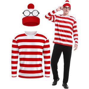 3 Pieces Men Halloween Costume Set, Adult Cosplay Costumes Red and White Striped Shirt with Hat and Nerd Glasses (L)