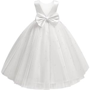 Flower Girl Dress for Wedding Pearls Tulle Dresses Kids Princess First Communion Pageant Party Satin Bowknot Gowns (6, White)