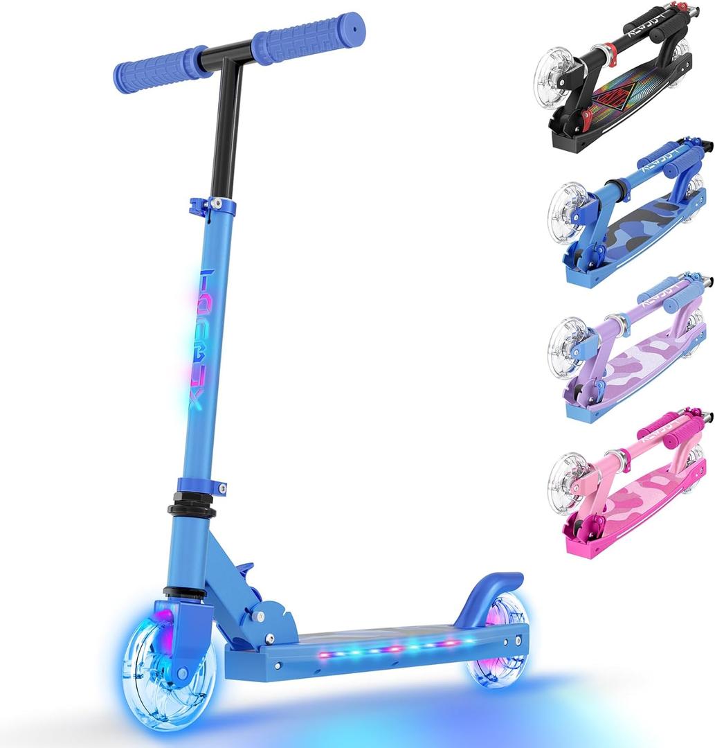 TONBUX Scooters for Kids 5-12, 2 Wheel Scooters with Cool Light Up Stem, Wheels, and Deck, 3 Level Adjustable Height Kick Scooter, Foldable and Lightweight Scooter for Kids 8-12 (blue)