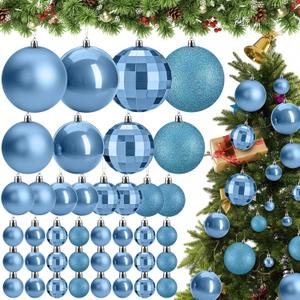Wettarn 50 Pcs Christmas Ball Ornaments 4'' 3.2'' 2'' 1.2'' Xmas Tree Shatterproof Ornament Decorate with Hanging Loop for Holiday, Party Decorations, Matte, Shiny, Disco Mirror, Glitter(Ice Blue)