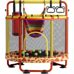 ZCMHAXJ 55" Trampoline for Kids with Enclosure, 440lbs Capacity Indoor & Outdoor Toddler Trampoline with Adjustable Gymnastics Bar & Toys, for Boys & Girls (Giraffe)