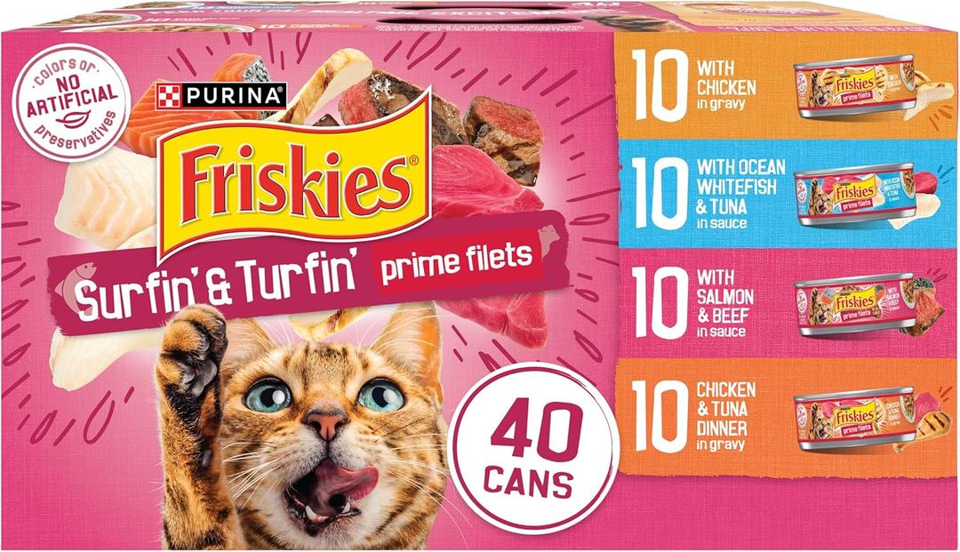 Purina Friskies Gravy Wet Cat Food Variety Pack, Surfin’ and Turfin’ Prime Filets Favorites - (Pack of 40) 5.5 oz. Cans, Best By: MAY 2027