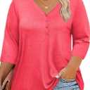 IRISGOD Womens Plus Size Tops V Neck 3/4 Sleeve Casual T Shirts Loose Plain Tunic Tees (XL)