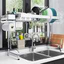 LIVOD Over The Sink Dish Drainer Drying Rack, 2 Tier Full Stainless Steel Storage Adjustable Length Kitchen Rack, Multifunctional Expandable Counter Organizer, Space Saver Dish Rack