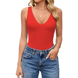 Avidlove Women's Sexy Plunge Deep V Neck Bodysuit Double Lined Sleeveless Thong Body Suit Leotard for Going Out Tank (Red)