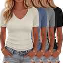Neer 3 Pack Women's Cotton Short Sleeve T-Shirts V Neck Ribbed Slim Fit Tops Casual Summer Basic Tee Multipack(Black, Light Mixed Gray, Denim Blue, Cream,Medium)