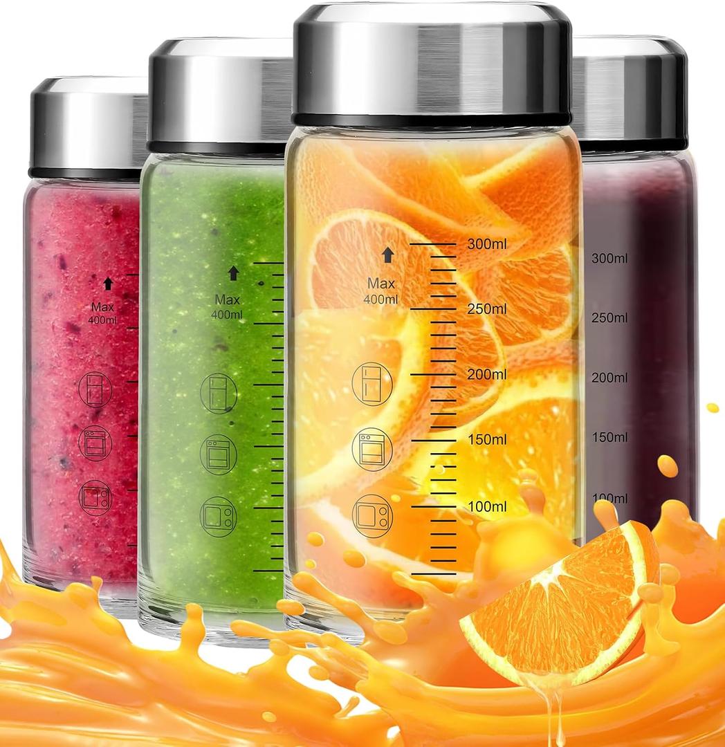 12oz Glass Juice Bottles with Lids 4-Pack, Wide Mouth Reusable Water Bottles for Juicing, Smoothies, Infused Water - Leakproof BPA Free Premium Clear Glass & Stainless Steel Lids, Fridge Safe