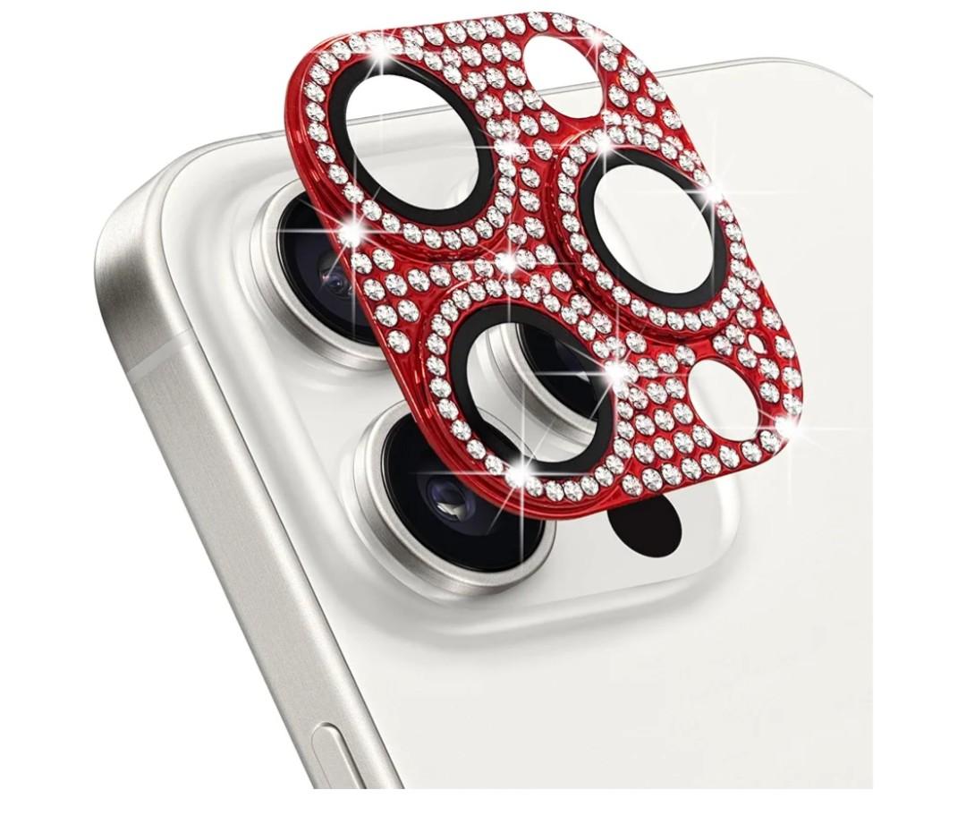 Designed for iPhone 15 Pro and 15 Pro Max Camera Lens Protector, Bling Rhinestone Sparkle Diamond 9H Tempered Glass Lens Cover Shockproof Full Protective Camera Cover, Red