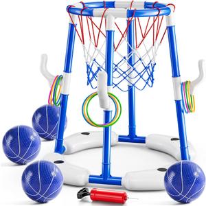 MSKOLER 2 in 1 Pool Basketball Hoop Game for Kids Ages 3 4 5 6 7 Year Old, Floating Pool Toys with 4 Balls, Tossing Game, Summer Outdoor Swimming Water Play, Cool Party Gifts for Kids Adults Age 3-12