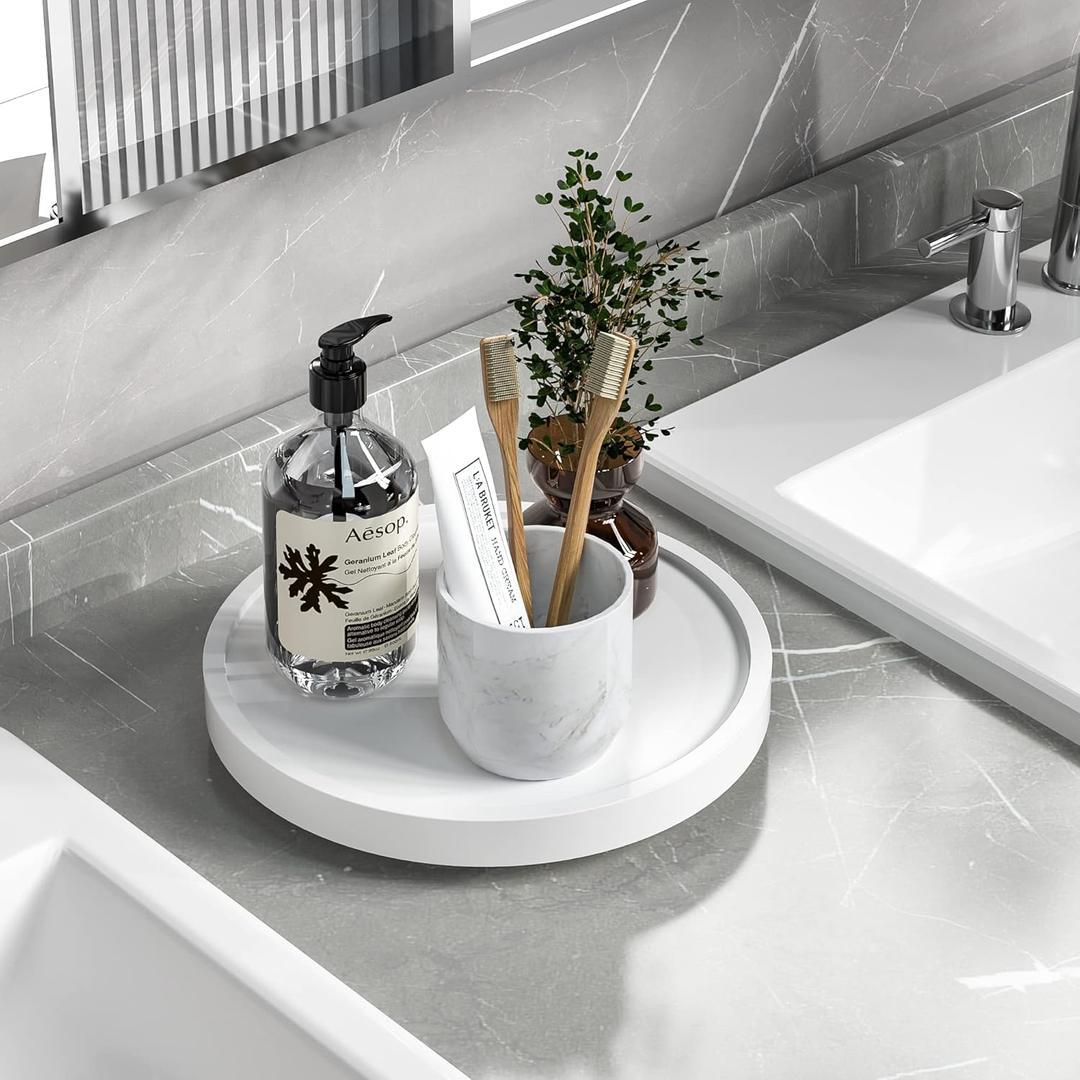 Turntable Vanity Tray 9 Inch for Perfume Candle, Bamboo Kitchen Sink Countertop Organizer for Keep Glass, Sponge and Soap Bathroom Countertop Organizer White (9" x 9" x 1.5")