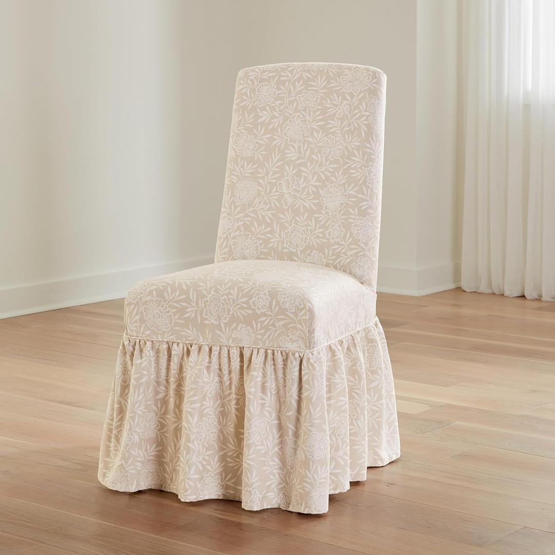 SureFit Essential Twill Ruffled Long Dining Chair Slipcover, Dining Chair Cover with Cotton Printed Design, Long Ruffled Skirt and Corner Pleats, Machine Washable, Neutral Floral